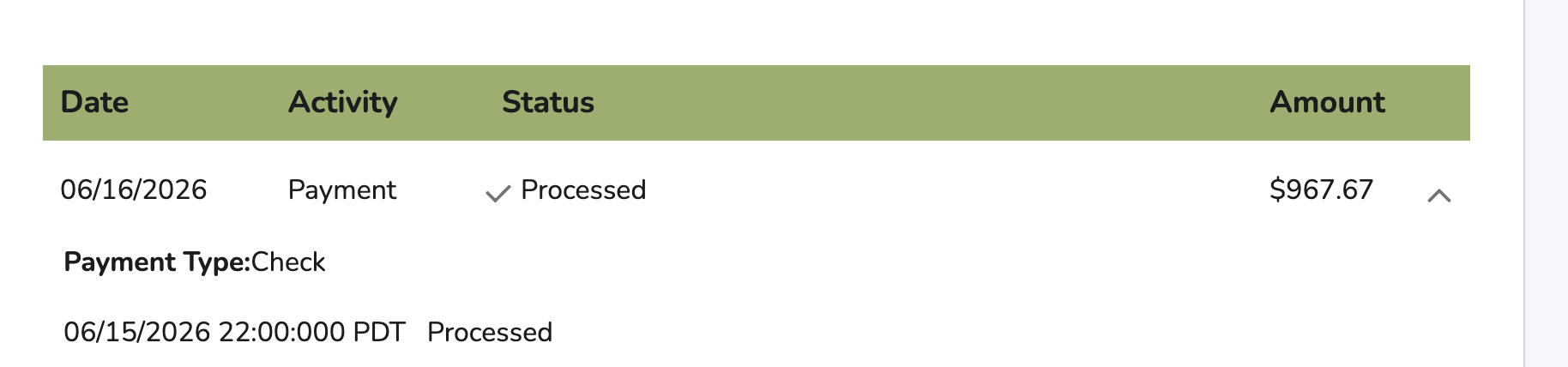 Utility account payment history showing a processed check payment of $967.67 dated June 16, 2026.