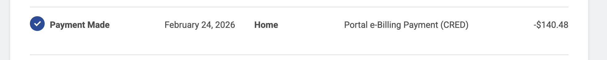 Utility account history showing a $140.48 online bill payment made on February 24, 2026.