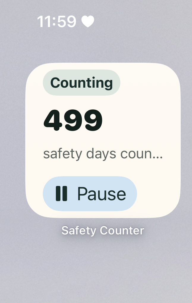 Phone screen showing the Safety Counter widget at 499 safety days at 11:59 PM, just before reaching 500.