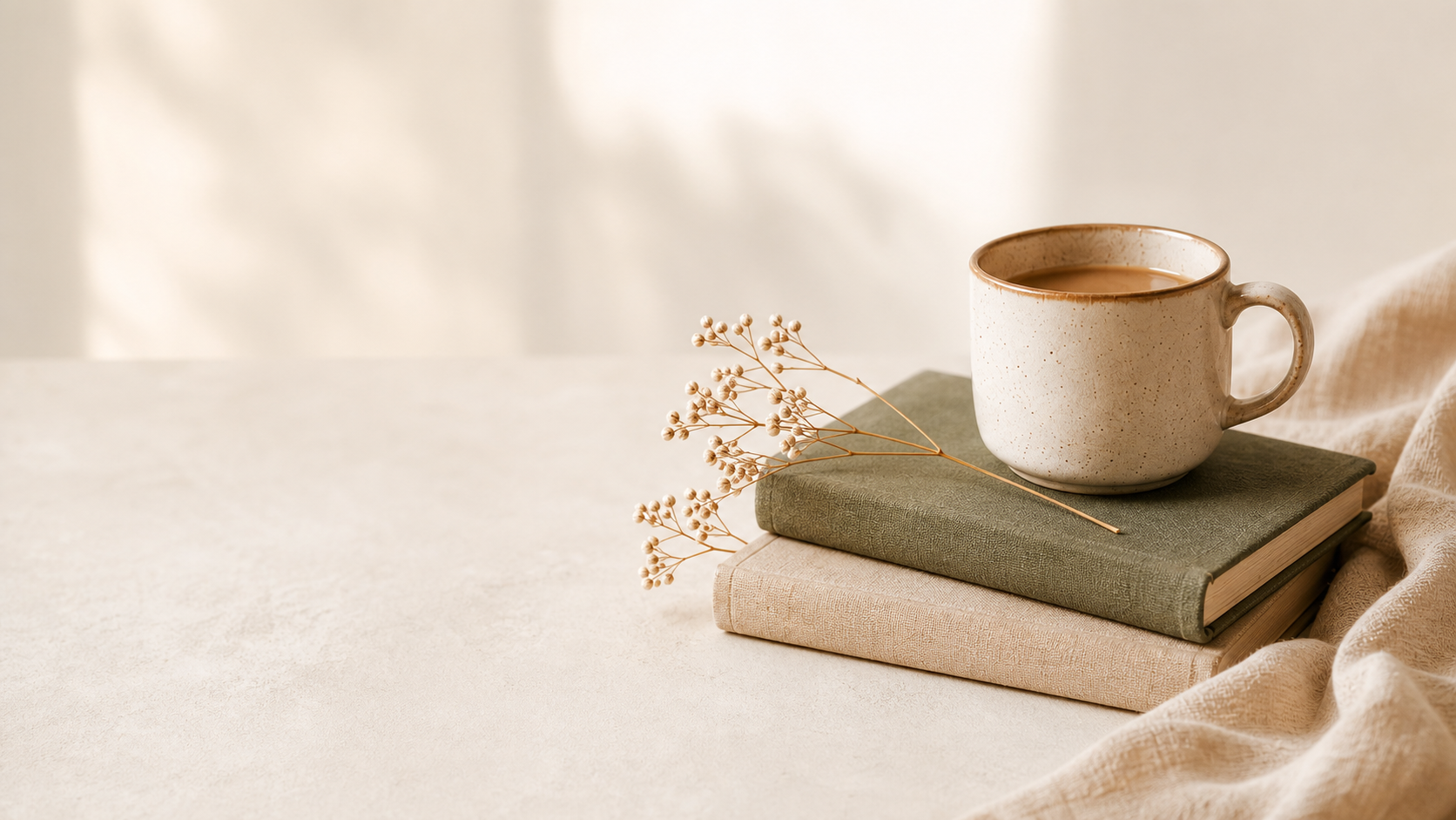 A ceramic mug resting on soft books with dried flowers beside it.