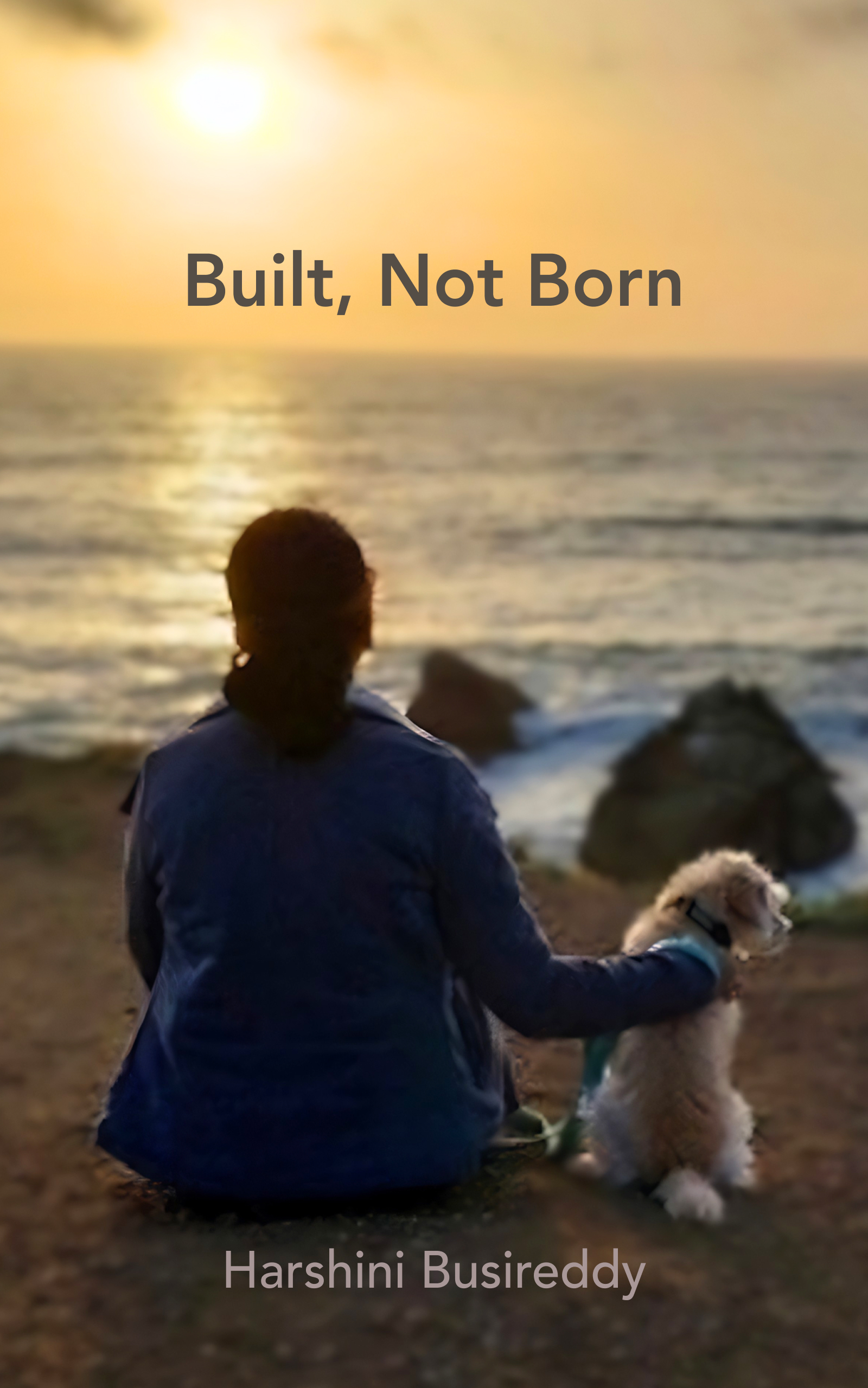 Book cover for Built, Not Born by Harshini Busireddy, showing Harshini seated with a dog at the ocean during sunset.